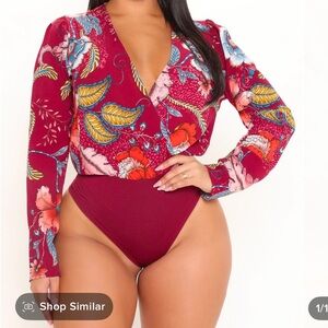 Floral Long Sleeve Top - Burgundy and Multicolor